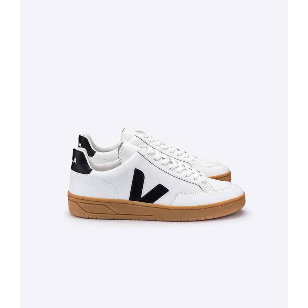 Women\'s Veja V-12 LEATHER Sneakers White/Black/Beige | ZA 670LIS